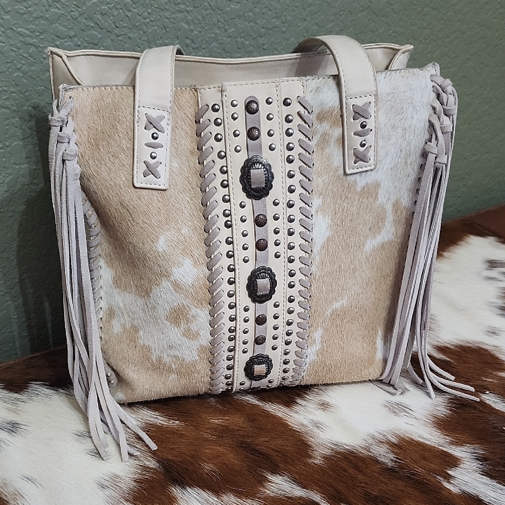 Neutral Cowhide Fringe Satchel Tote - Stylish Everyday Bag